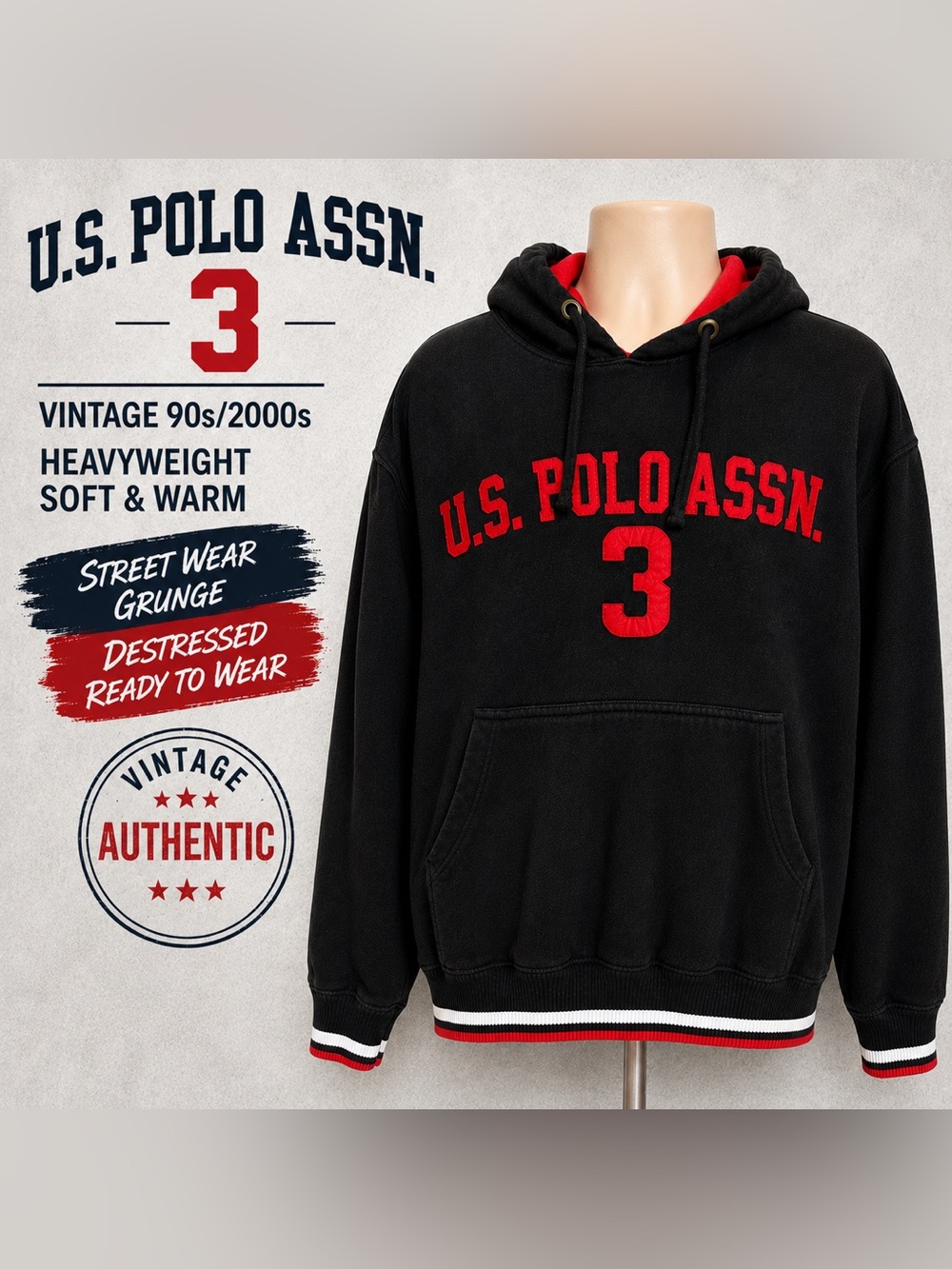 Vintage U.S. Polo Assn. Hoodie Black Red Logo Grunge Streetwear Kangaroo L